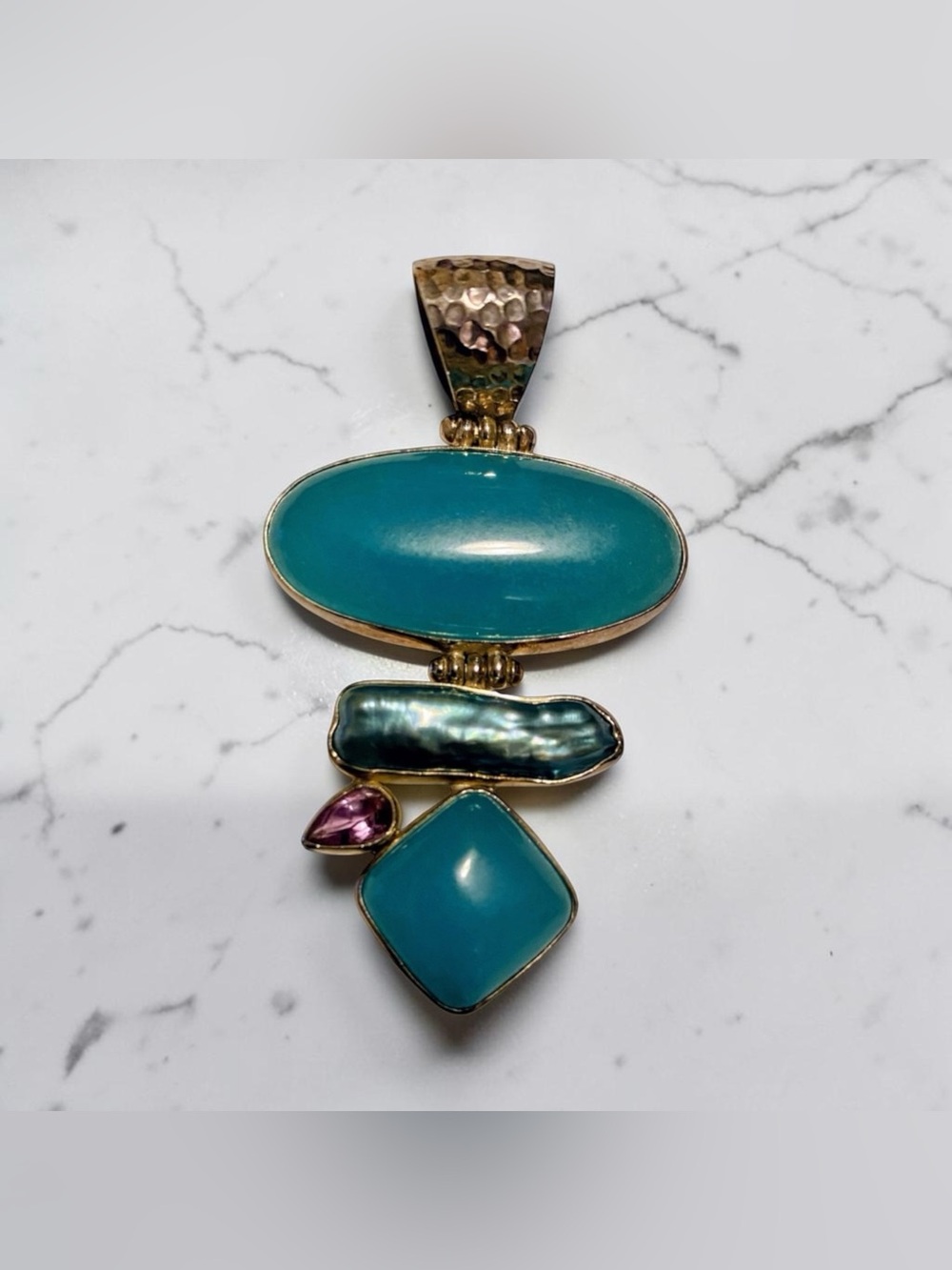 Gem Silica Chrysocolla Chalcedony Amethyst Sterling Silver Pendant
